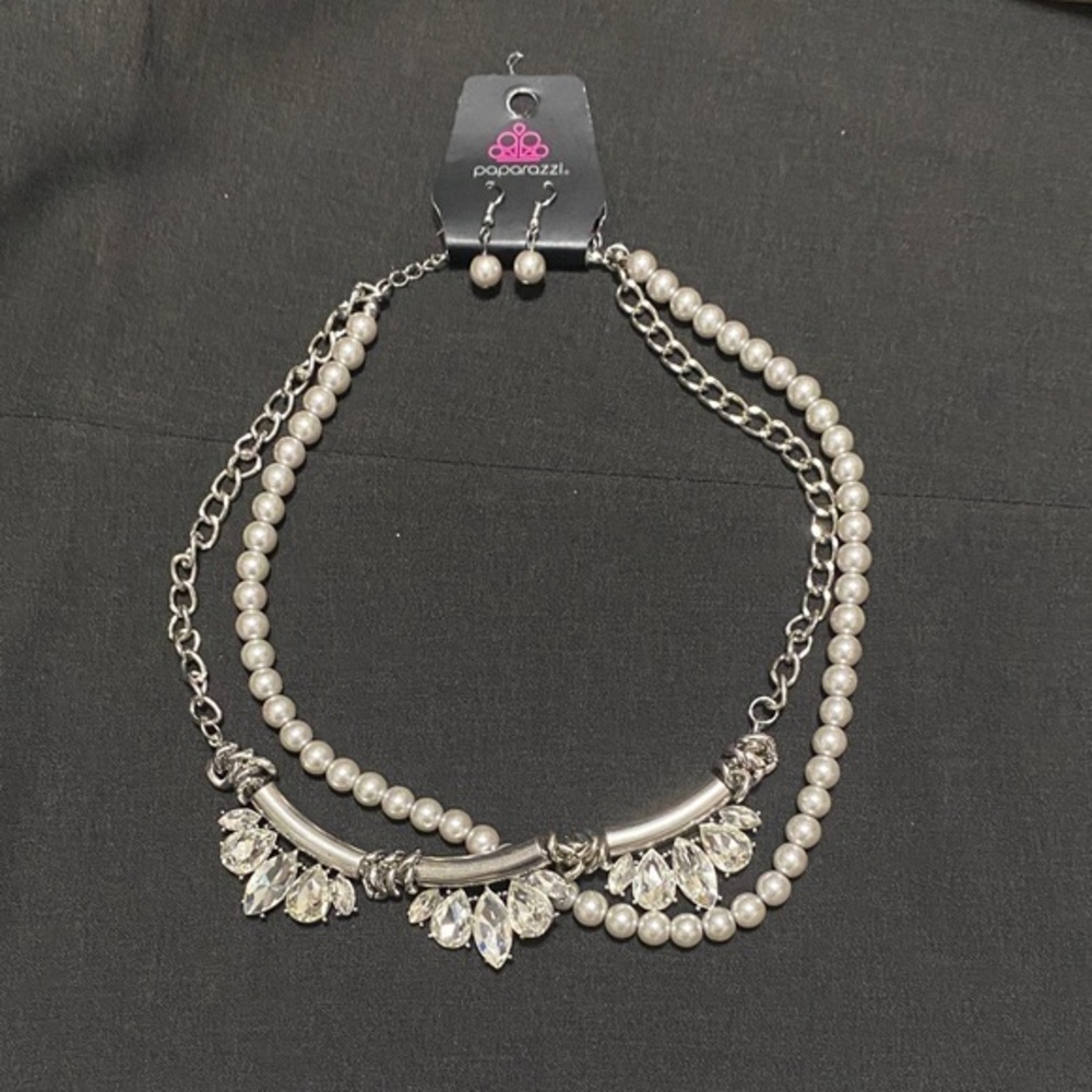Paparazzi Silver and White Pearl Necklace Set